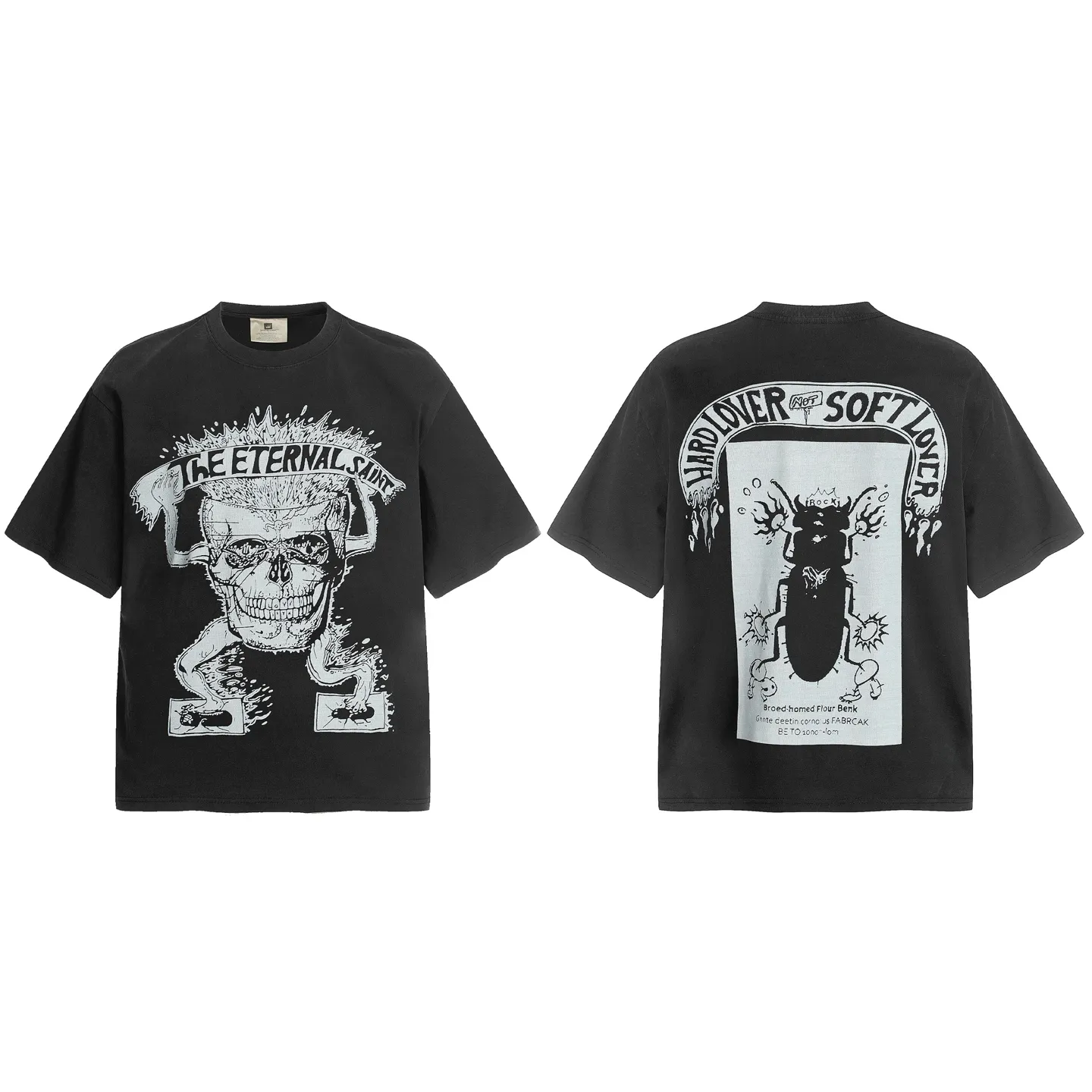 VT9243 P140💰 SAINT Michael Cartoon Skull "Eternal Saint" Punk Style Printed Retro Washed Distressed Short Sleeve T-shirt Small Neck Design White Ink Digital Direct Printing High Street Retro Heavy Duty Distressed Vintage Short Sleeve Size: S M L XL